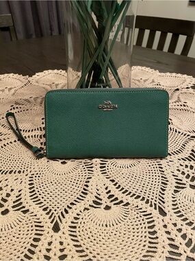 Coach Long Zip Around Wallet in Green Crossgrain Leather
